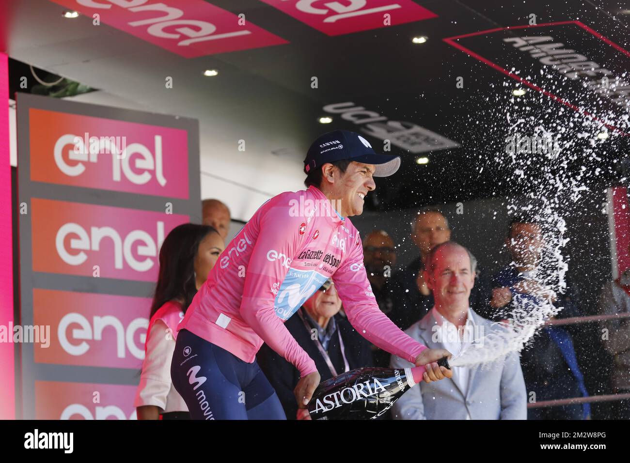 Ecuadorian Richard Carapaz of Movistar Team celebrates in the pink jersey of leader in the overall ranking after the twentieth stage of the 101st edition of the Giro D'Italia cycling race, 194km from Feltre to Croce d'Aune-Monte Avena, Italy, Saturday 01 June 2019. BELGA PHOTO YUZURU SUNADA FRANCE OUT  Stock Photo