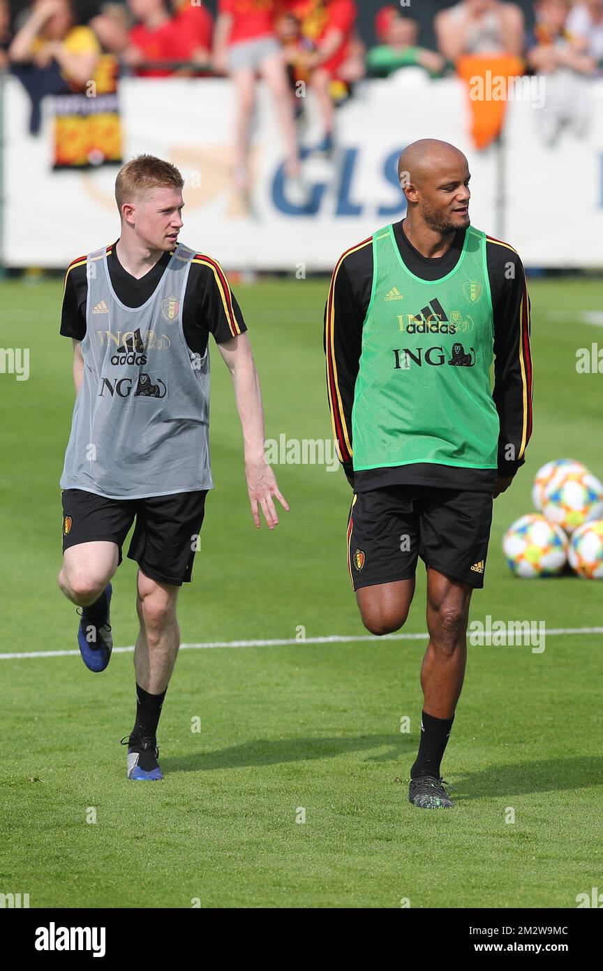 Belgium's Kevin De Bruyne and Belgium's Vincent Kompany pictured during a training session of Belgian national soccer team the Red Devils, Tuesday 04 June 2019. The team will be playing two European Cup 2020 qualification games against Kazachstan and Scotland in Belgium. BELGA PHOTO BRUNO FAHY  Stock Photo