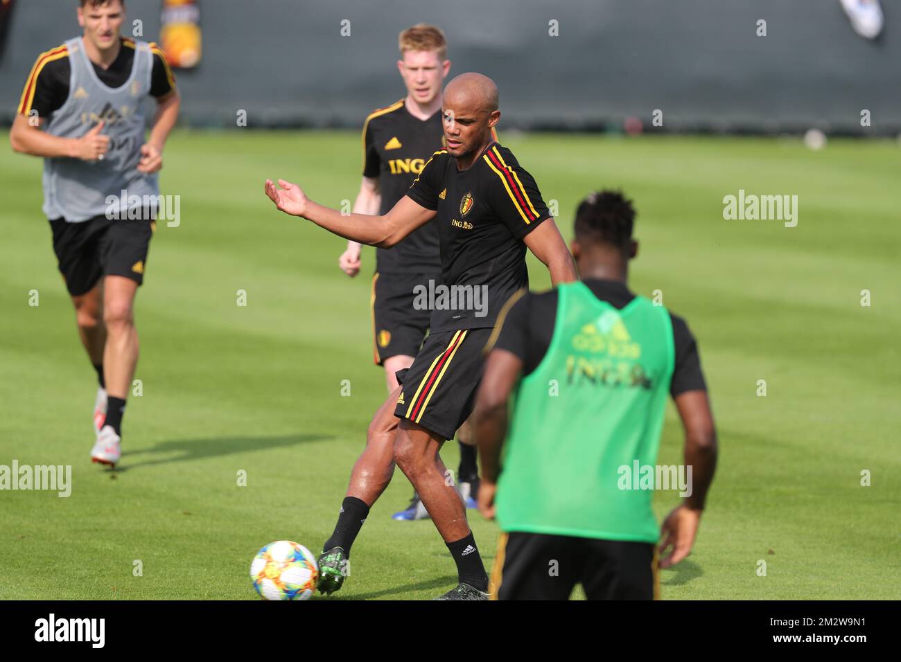 Belgium's Kevin De Bruyne and Belgium's Vincent Kompany pictured during a training session of Belgian national soccer team the Red Devils, Tuesday 04 June 2019. The team will be playing two European Cup 2020 qualification games against Kazachstan and Scotland in Belgium. BELGA PHOTO BRUNO FAHY  Stock Photo