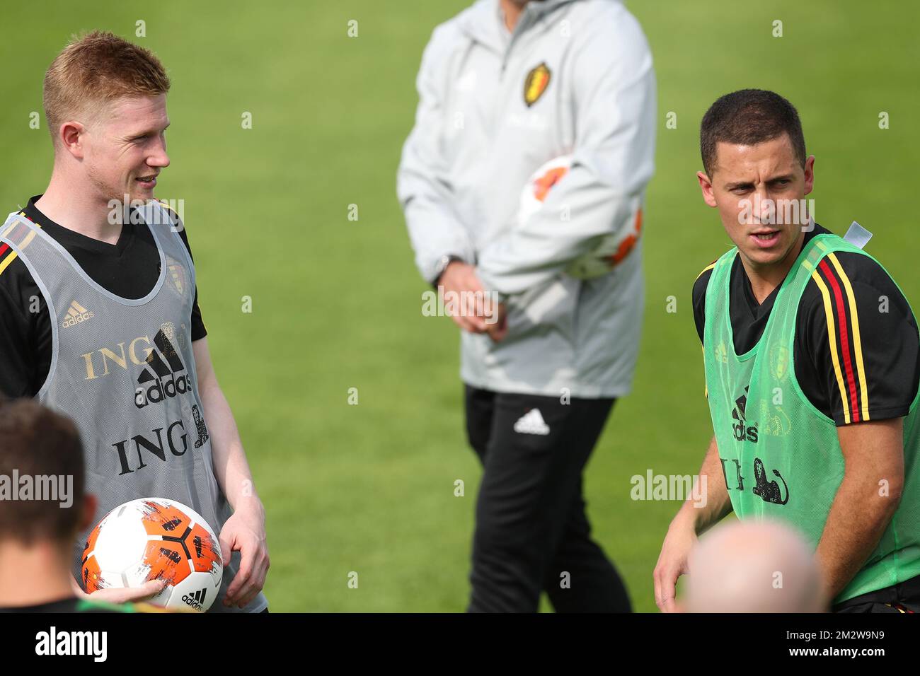 Belgium's Kevin De Bruyne and Belgium's captain Eden Hazard pictured during a training session of Belgian national soccer team the Red Devils, Tuesday 04 June 2019. The team will be playing two European Cup 2020 qualification games against Kazachstan and Scotland in Belgium. BELGA PHOTO BRUNO FAHY Stock Photo