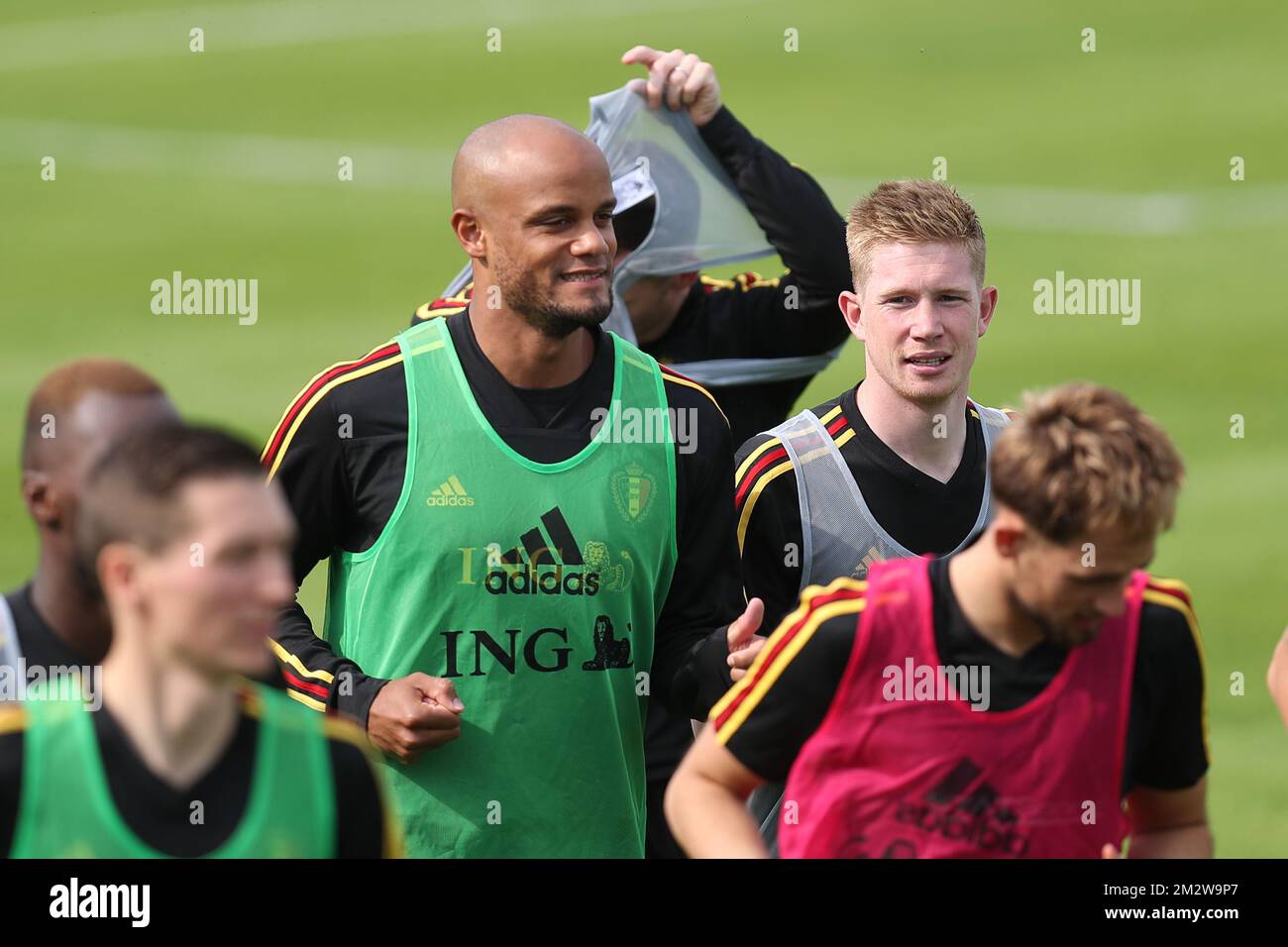 Belgium's Vincent Kompany and Belgium's Kevin De Bruyne pictured during a training session of Belgian national soccer team the Red Devils, Tuesday 04 June 2019. The team will be playing two European Cup 2020 qualification games against Kazachstan and Scotland in Belgium. BELGA PHOTO BRUNO FAHY Stock Photo
