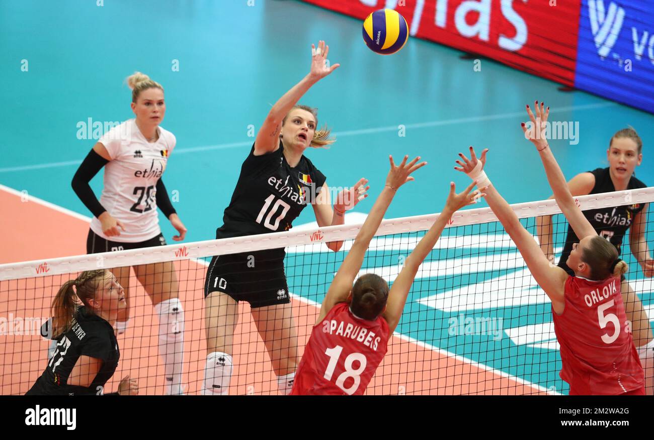 Dominika Sobolska fights for the ball during a volleyball game between Belgian national team the Yellow Tigers and Russia, Tuesday 04 June 2019 in Kortrijk, match 1/3 in the Nations League women's tournament. BELGA PHOTO VIRGINIE LEFOUR Stock Photo