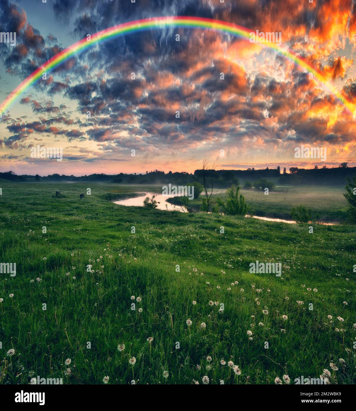 Landscape with a Rainbow on the River in Spring. colorful morning. nature of Ukraine Stock Photo