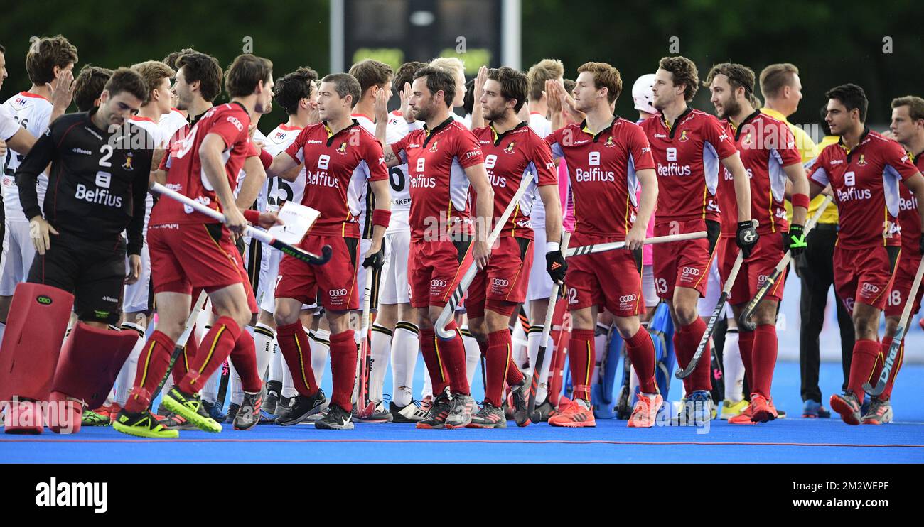 Belgium's players pictured before the start of a field hockey game between Germany and Belgium's