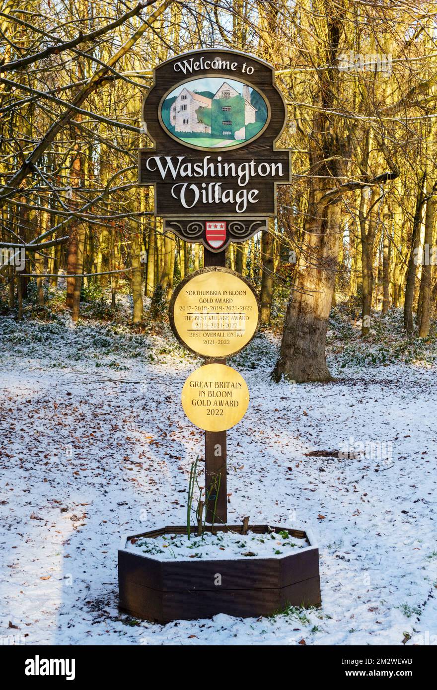 Winter view of Washington Village sign, north east England, UK Stock Photo