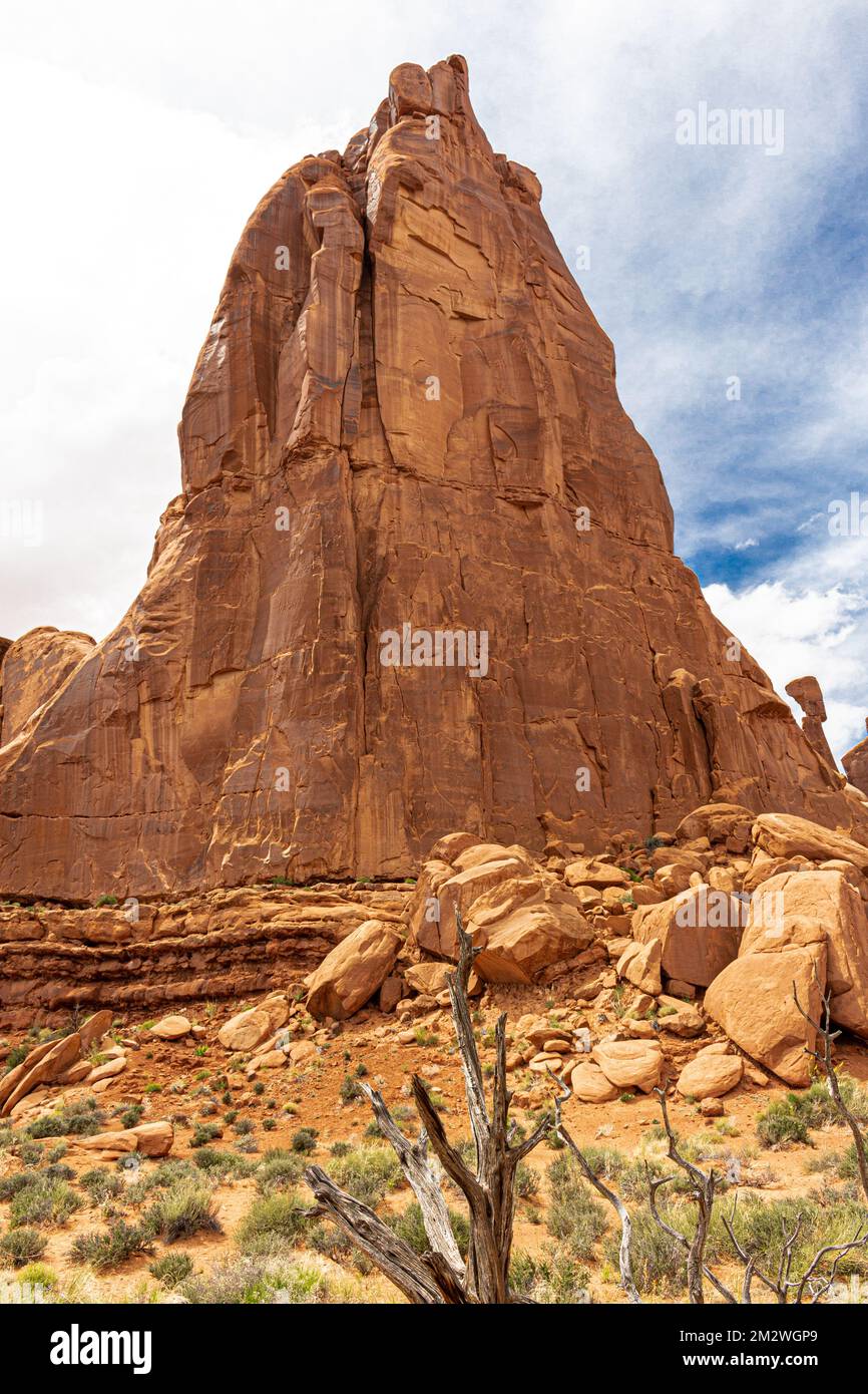 Queen Nefertiti and Sausage Rock on the Park Avenue Trail in the Courthouse Towers area of Arches National Park, Moab, Utah, USA Stock Photo
