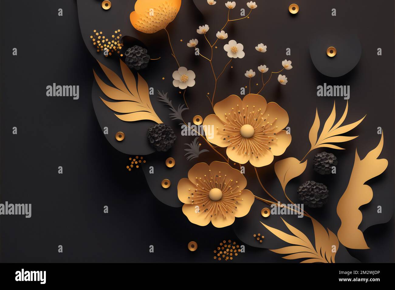 3d mural floral wallpaper. golden and black flowers and leaves. 3d
