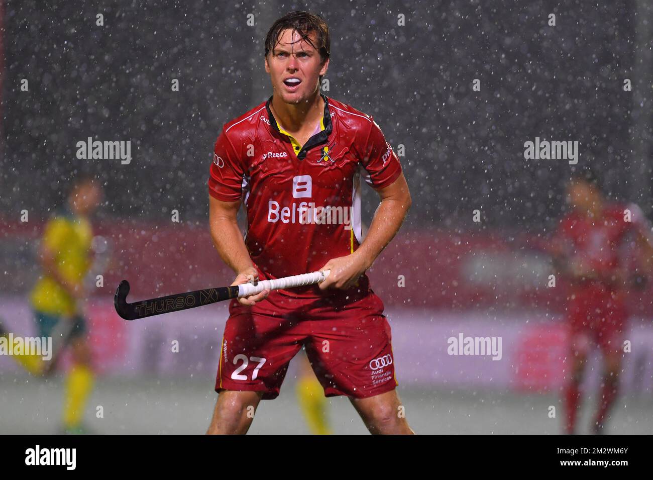 Belgium's Tom Boon pictured in the heavy rain during a field hockey game between Belgium's national team Red Lions and Australia, Wednesday 19 June 2019 in Wilrijk, Antwerp, game 13/14 of the men's FIH Pro League competition. BELGA PHOTO LUC CLAESSEN Stock Photo