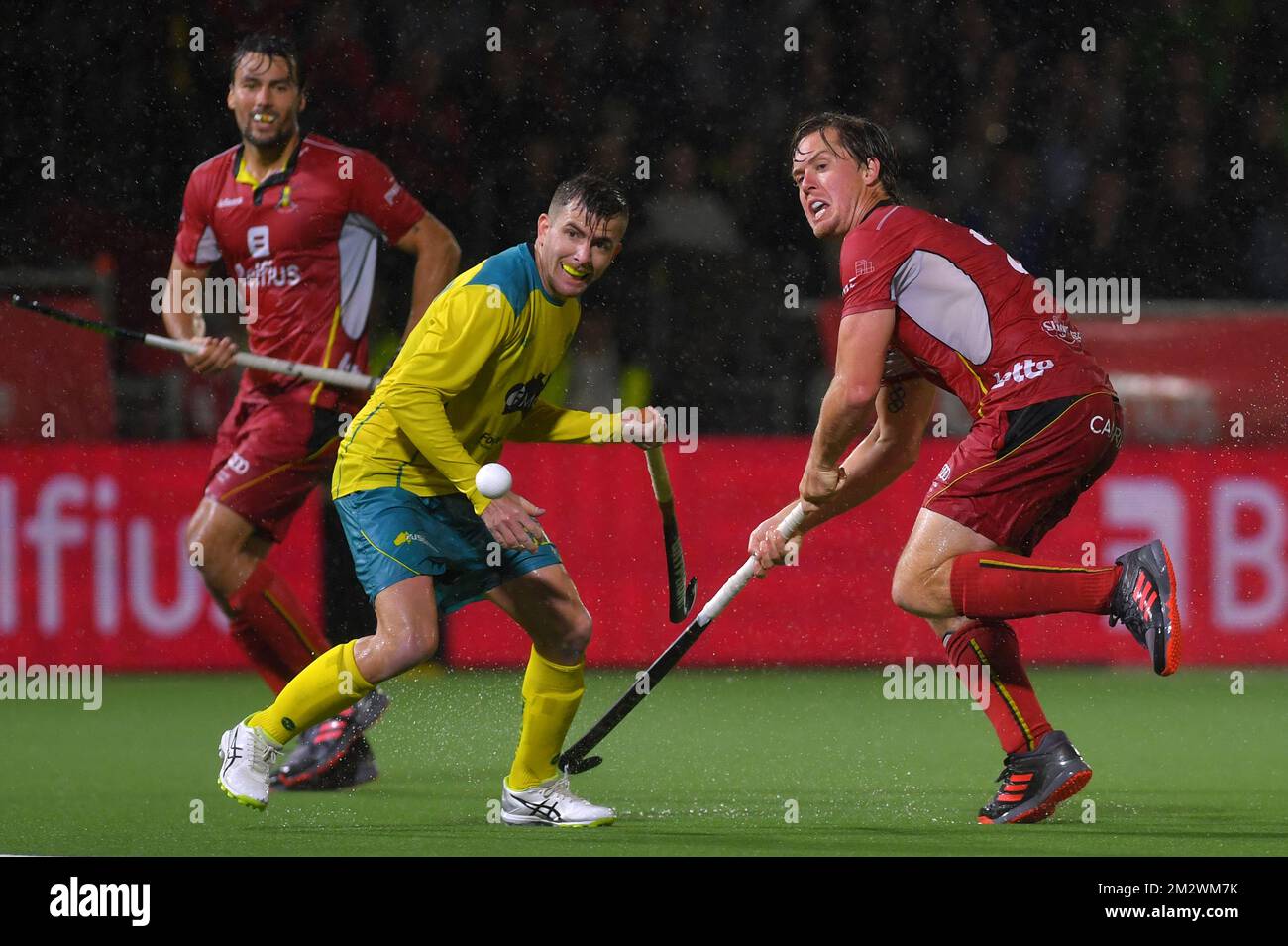 Belgium's Tom Boon fight for the ball during a field hockey game between Belgium's national team Red Lions and Australia, Wednesday 19 June 2019 in Wilrijk, Antwerp, game 13/14 of the men's FIH Pro League competition. BELGA PHOTO LUC CLAESSEN Stock Photo