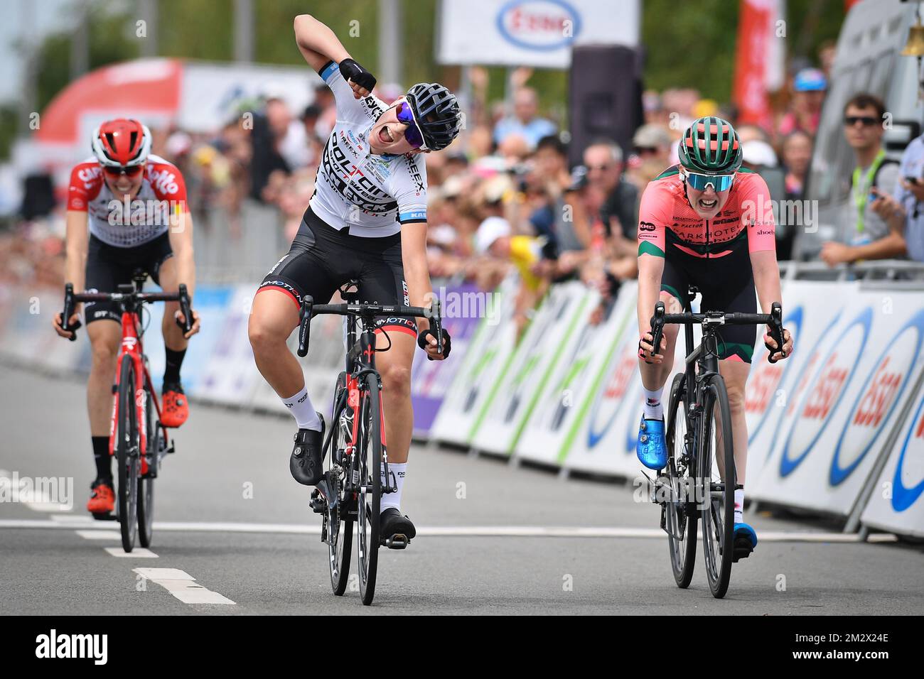 Belgian Jesse Vandenbulcke celebrates as she crosses the finish line to