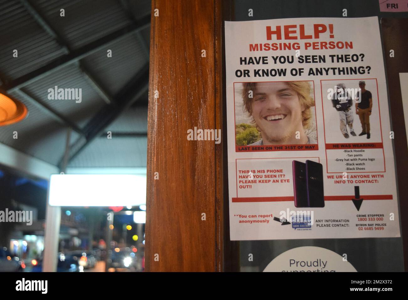 Illustration picture shows a shop window with a 'missing person' poster for missing Theo regarding the disappearance of 18-year old Theo Hayez, a Belgian student who was traveling in the area, in Byron Bay, Australia, Monday 01 July 2019. Hayez was last seen leaving Cheeky Monkey night club in Byron Bay, New South Wales on May 31. A team of Belgian researchers has traveled to Byron Bay to assist in the search for the missing boy. BELGA PHOTO MARIE-PAULINE DESSET  Stock Photo