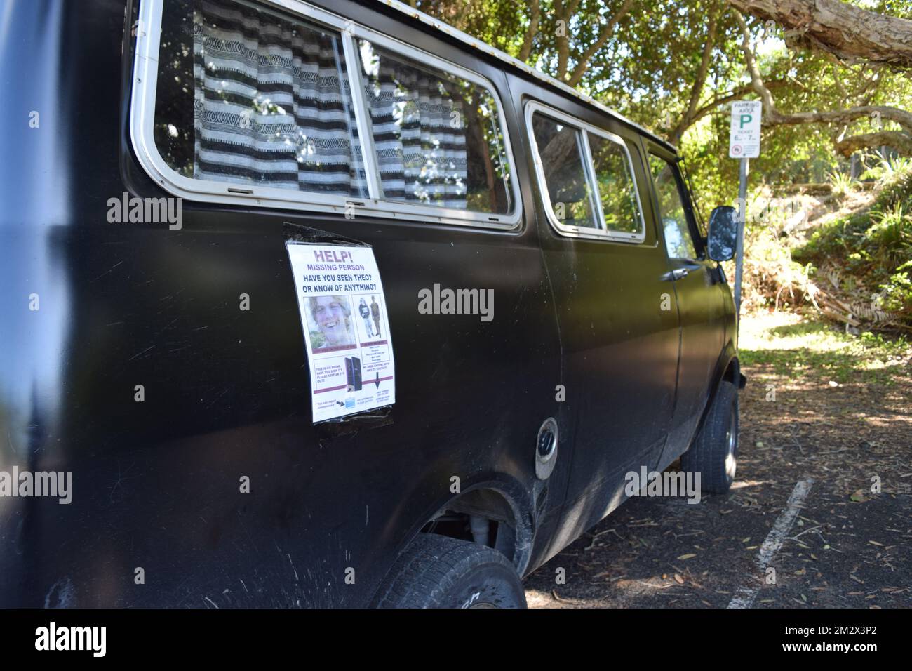 A van with a 'missing person' poster on it, pictured near Tallow Beach regarding the disappearance of 18-year old Theo Hayez, a Belgian student who was traveling in the area, in Byron Bay, Australia, Tuesday 02 July 2019. Hayez was last seen leaving Cheeky Monkey night club in Byron Bay, New South Wales on May 31. A team of Belgian researchers has traveled to Byron Bay to assist in the search for the missing boy. BELGA PHOTO MARIE-PAULINE DESSET  Stock Photo