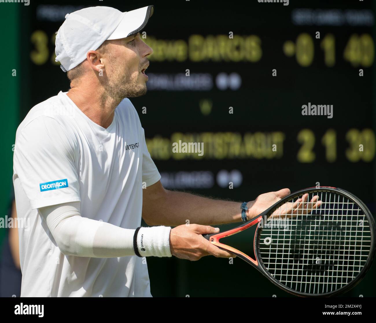 Belgian Steve Darcis (ATP 221) reacts during a tennis game against Spanish  Bautista Agut (ATP 22) in the men's singles second round at the 2019  Wimbledon grand slam tennis tournament at the