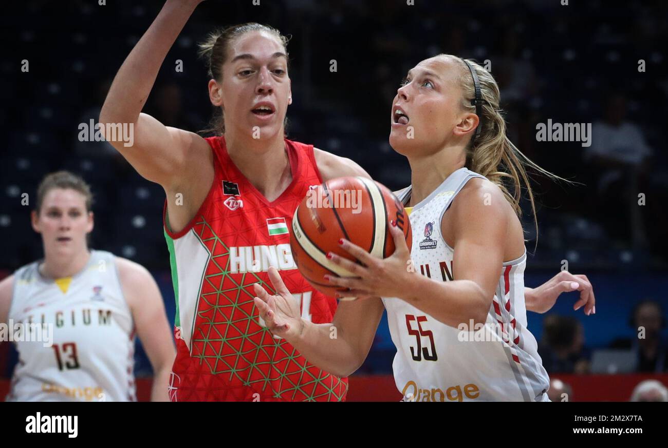 Hungary's Bernadett Hatar and Belgian Cats Julie Allemand fight for the  ball during a basketball match between Belgian national team Belgian Cats  and Hungary, a classification game for the Olympic Qualifying tournament,
