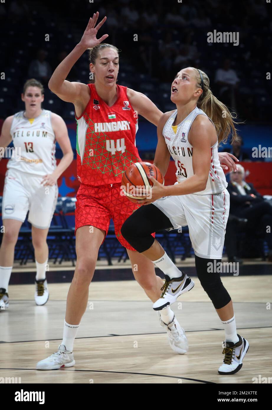 Hungary's Bernadett Hatar and Belgian Cats Julie Allemand fight for the  ball during a basketball match between Belgian national team Belgian Cats  and Hungary, a classification game for the Olympic Qualifying tournament,