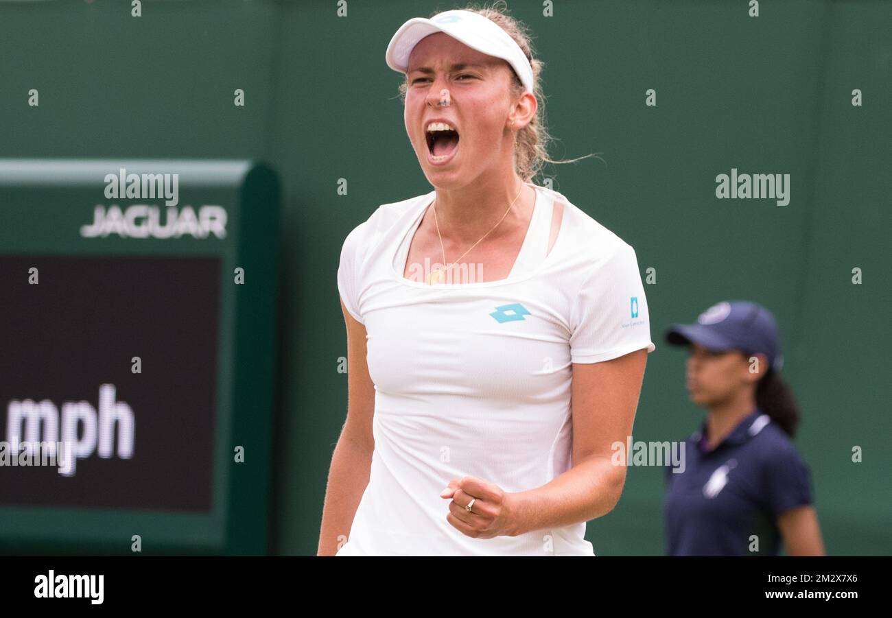 Belgian Elise Mertens (WTA 21) celebrates during a tennis match against Chinese Wang Qiang (WTA 15) in the third round of the women's singles at the 2019 Wimbledon grand slam tennis tournament at the All England Tennis Club, in south-west London, Britain, Saturday 06 July 2019. BELGA PHOTO BENOIT DOPPAGNE  Stock Photo