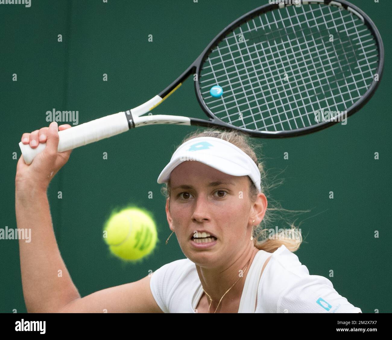 Belgian Elise Mertens (WTA 21) pictured in action during a tennis match against Chinese Wang Qiang (WTA 15) in the third round of the women's singles at the 2019 Wimbledon grand slam tennis tournament at the All England Tennis Club, in south-west London, Britain, Saturday 06 July 2019. BELGA PHOTO BENOIT DOPPAGNE Stock Photo