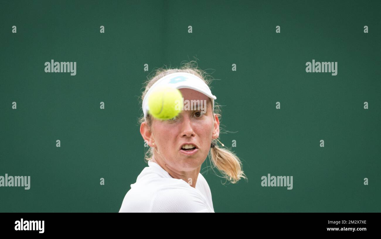 Belgian Elise Mertens (WTA 21) pictured in action during a tennis match against Chinese Wang Qiang (WTA 15) in the third round of the women's singles at the 2019 Wimbledon grand slam tennis tournament at the All England Tennis Club, in south-west London, Britain, Saturday 06 July 2019. BELGA PHOTO BENOIT DOPPAGNE Stock Photo