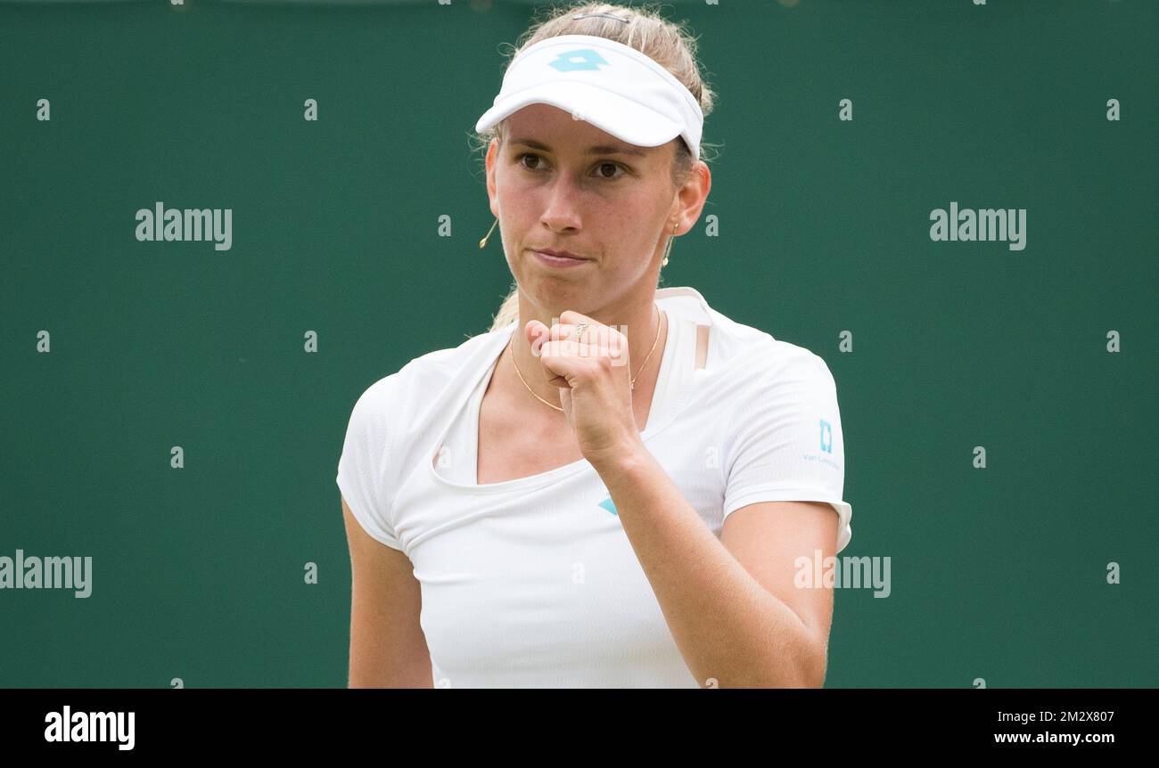 Belgian Elise Mertens (WTA 21) reacts during a tennis match against Chinese Wang Qiang (WTA 15) in the third round of the women's singles at the 2019 Wimbledon grand slam tennis tournament at the All England Tennis Club, in south-west London, Britain, Saturday 06 July 2019. BELGA PHOTO BENOIT DOPPAGNE Stock Photo