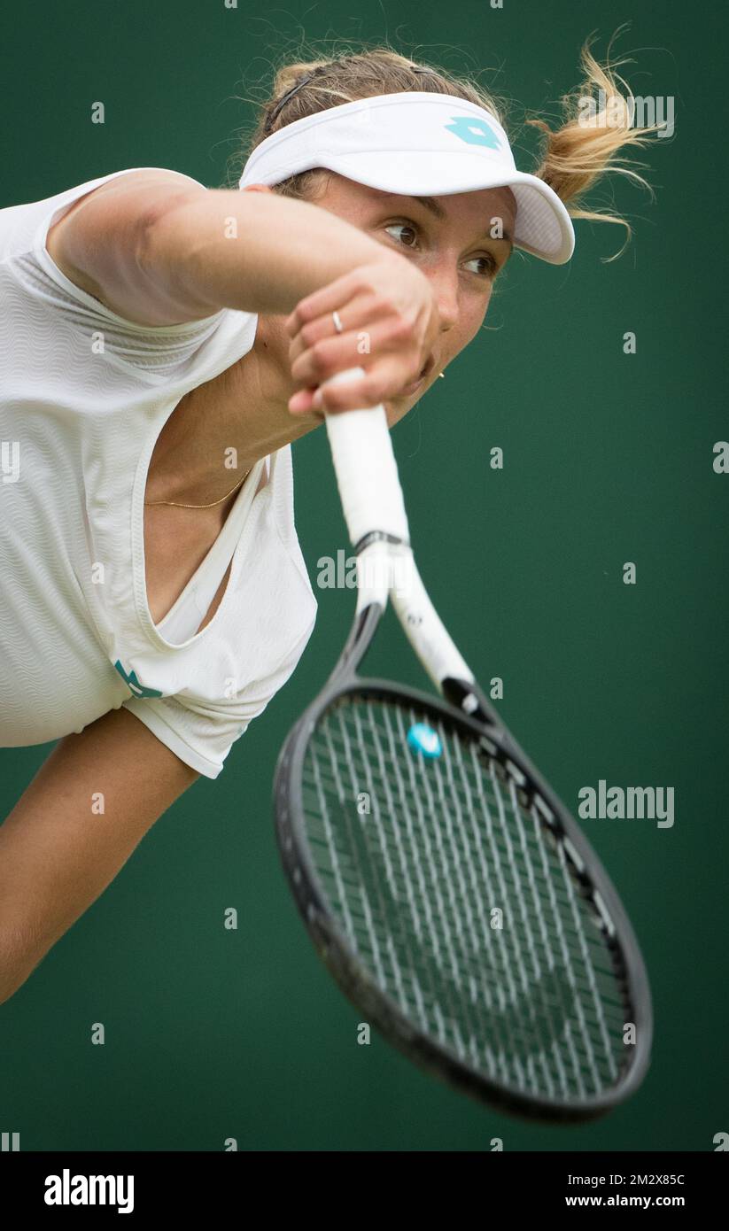 Belgian Elise Mertens (WTA 21) pictured in action during a tennis match against Chinese Wang Qiang (WTA 15) in the third round of the women's singles at the 2019 Wimbledon grand slam tennis tournament at the All England Tennis Club, in south-west London, Britain, Saturday 06 July 2019. BELGA PHOTO BENOIT DOPPAGNE  Stock Photo