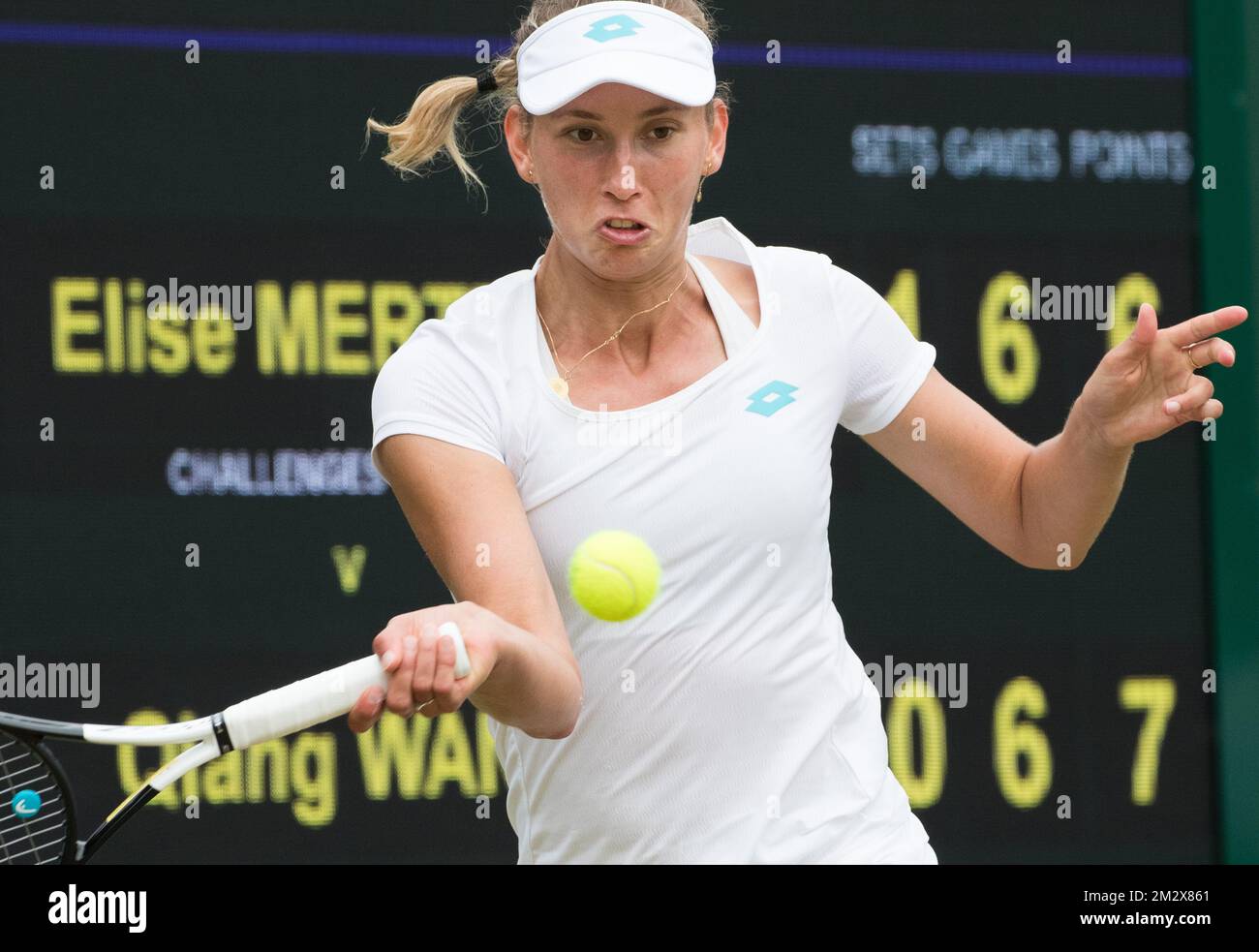 Belgian Elise Mertens (WTA 21) pictured in action during a tennis match against Chinese Wang Qiang (WTA 15) in the third round of the women's singles at the 2019 Wimbledon grand slam tennis tournament at the All England Tennis Club, in south-west London, Britain, Saturday 06 July 2019. BELGA PHOTO BENOIT DOPPAGNE  Stock Photo