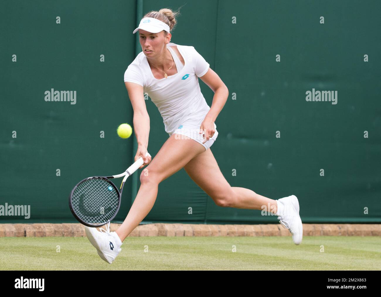 Belgian Elise Mertens (WTA 21) pictured in action during a tennis match against Chinese Wang Qiang (WTA 15) in the third round of the women's singles at the 2019 Wimbledon grand slam tennis tournament at the All England Tennis Club, in south-west London, Britain, Saturday 06 July 2019. BELGA PHOTO BENOIT DOPPAGNE  Stock Photo