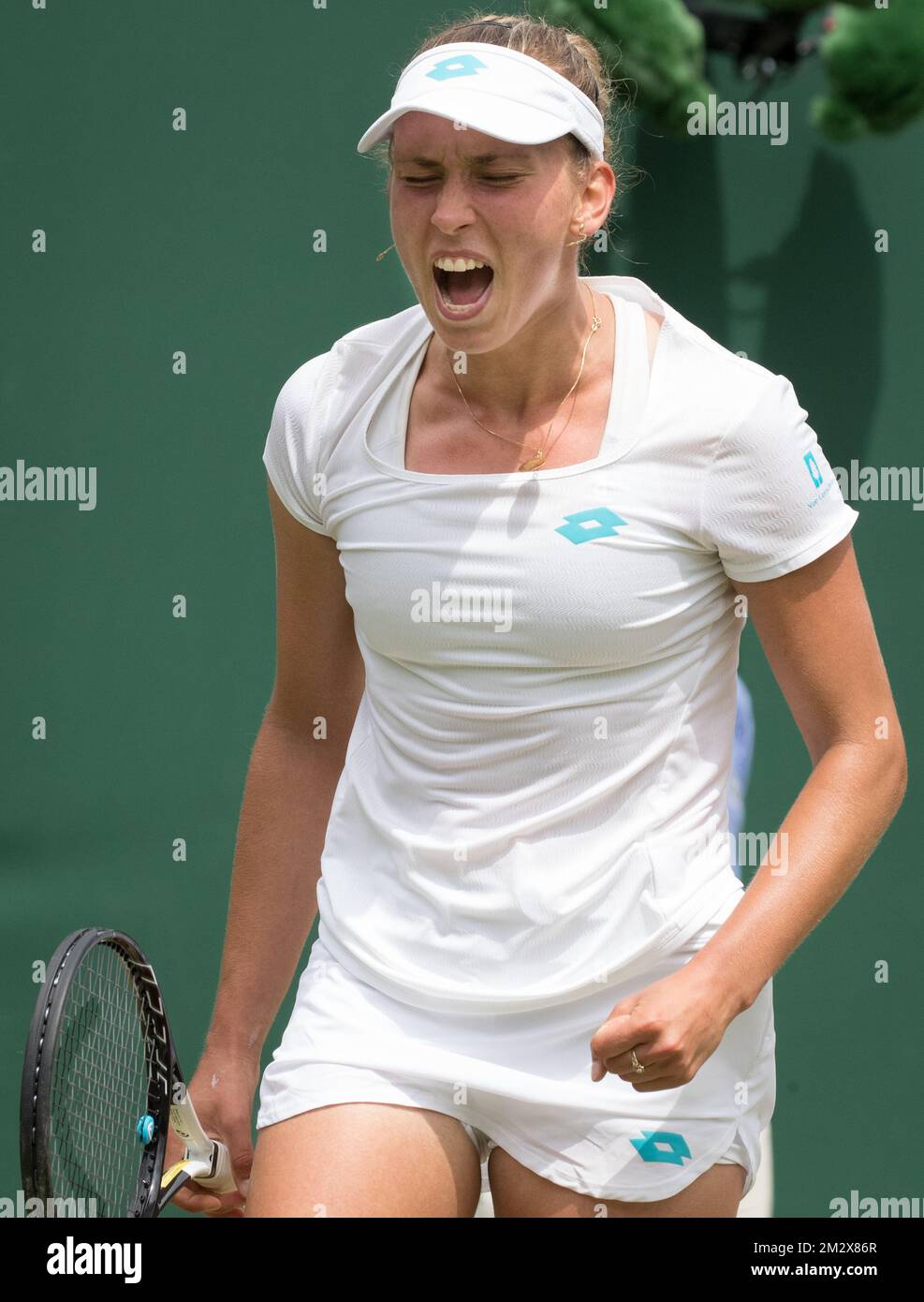 Belgian Elise Mertens (WTA 21) reacts during a tennis match against Chinese Wang Qiang (WTA 15) in the third round of the women's singles at the 2019 Wimbledon grand slam tennis tournament at the All England Tennis Club, in south-west London, Britain, Saturday 06 July 2019. BELGA PHOTO BENOIT DOPPAGNE  Stock Photo