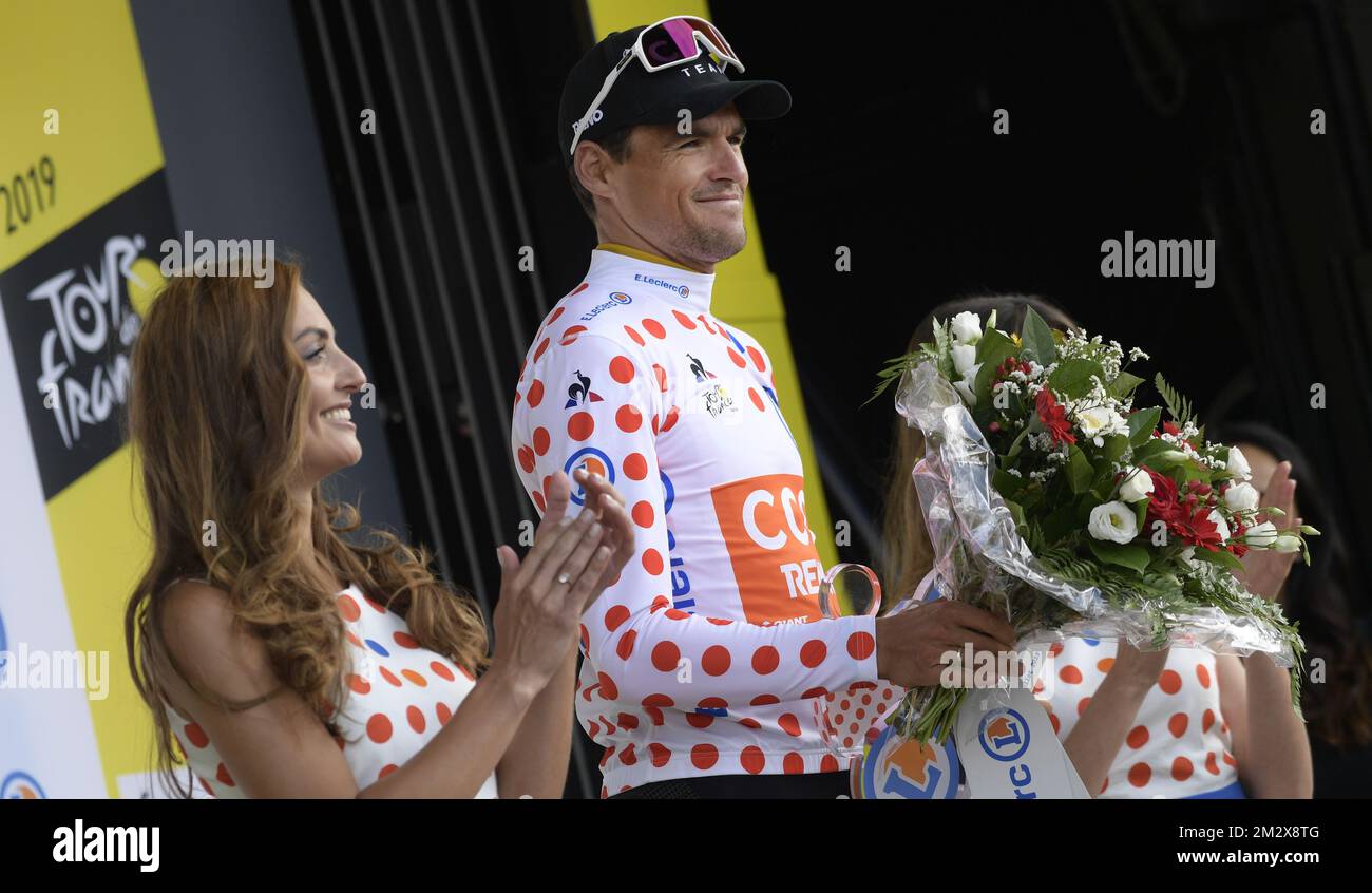 Belgian Greg Van Avermaet of CCC Team wearing the polka dot jersey (maillot a pois rouges - bolletjestrui) of leader in the climbers ranking on the podium after the second stage of the 106th edition of the Tour de France cycling race, a 27,6km team time trial in Brussels, Belgium, Sunday 07 July 2019. This year's Tour de France starts in Brussels and takes place from July 6th to July 28th. BELGA PHOTO YORICK JANSENS Stock Photo