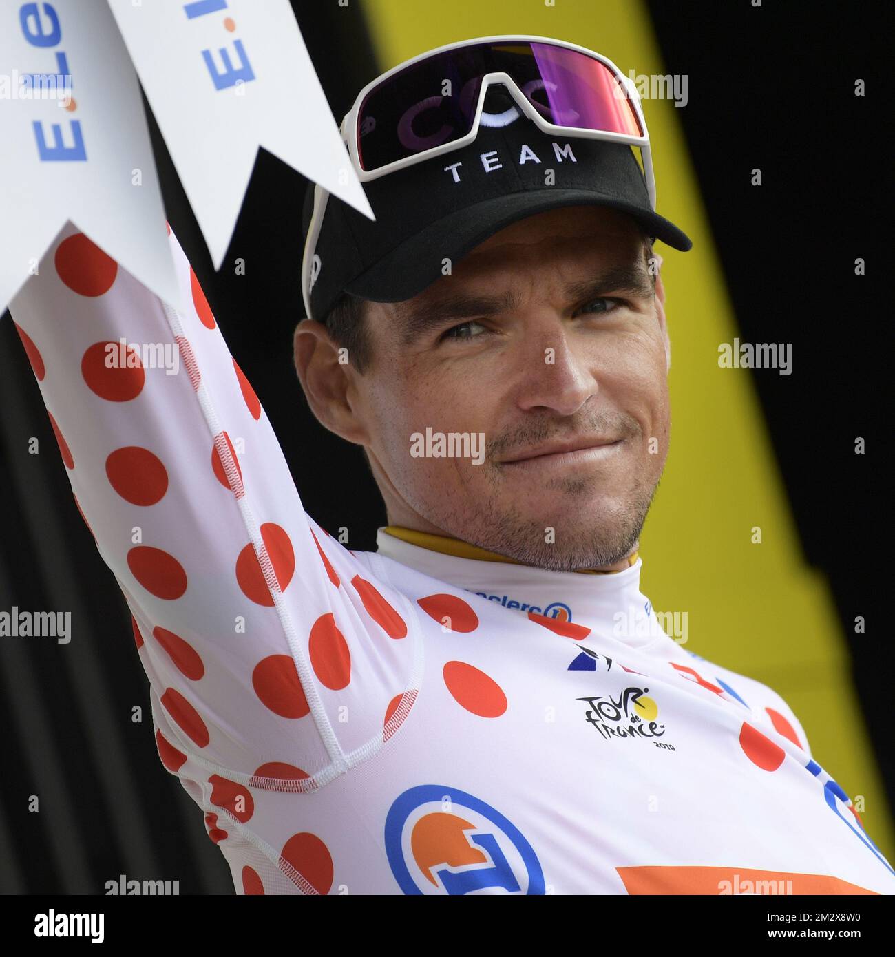 Belgian Greg Van Avermaet of CCC Team wearing the polka dot jersey (maillot a pois rouges - bolletjestrui) of leader in the climbers ranking on the podium after the second stage of the 106th edition of the Tour de France cycling race, a 27,6km team time trial in Brussels, Belgium, Sunday 07 July 2019. This year's Tour de France starts in Brussels and takes place from July 6th to July 28th. BELGA PHOTO YORICK JANSENS Stock Photo