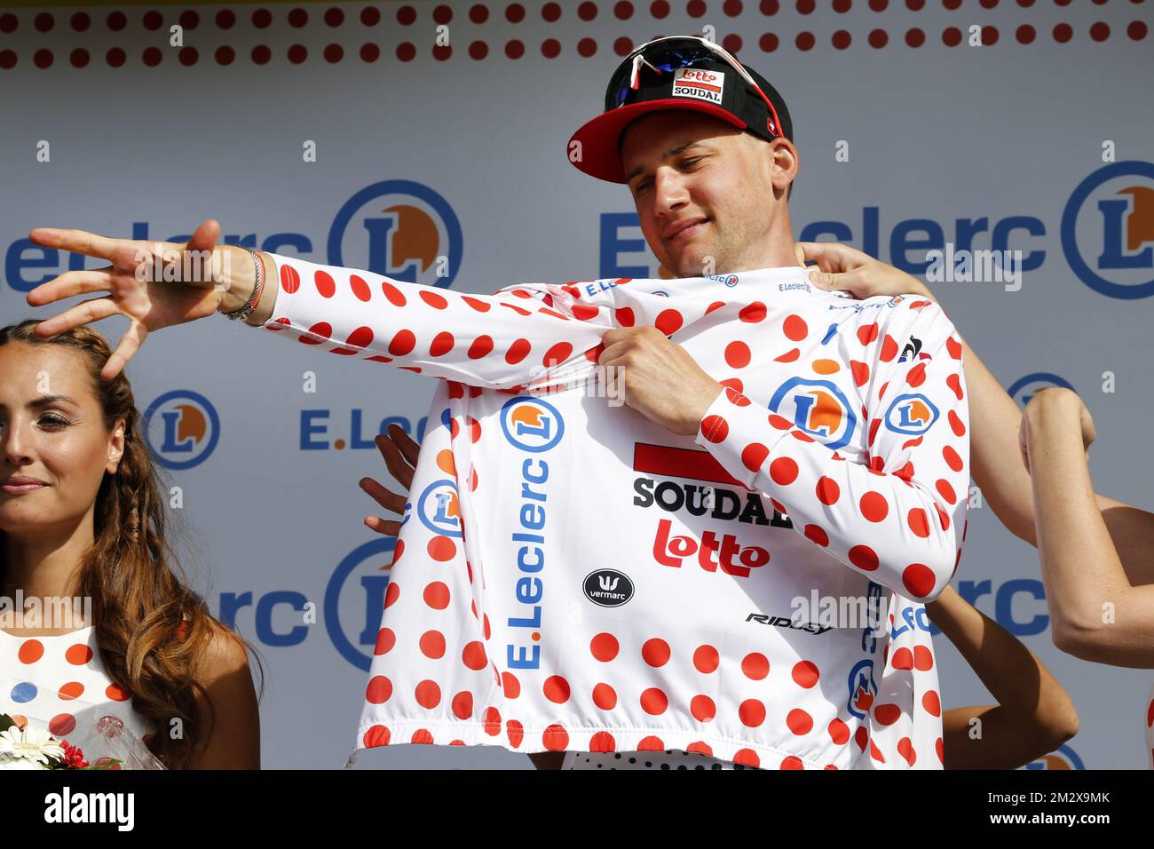 Belgian Tim Wellens of Lotto Soudal wearing the polka dot jersey (maillot a pois rouges - bolletjestrui) of leader in the climbers ranking after the third stage of the 106th edition of the Tour de France cycling race, a 215 km from Binche in Belgium to Epernay in France, Monday 08 July 2019. This year's Tour de France starts in Brussels and takes place from July 6th to July 28th. BELGA PHOTO YUZURU SUNADA  Stock Photo