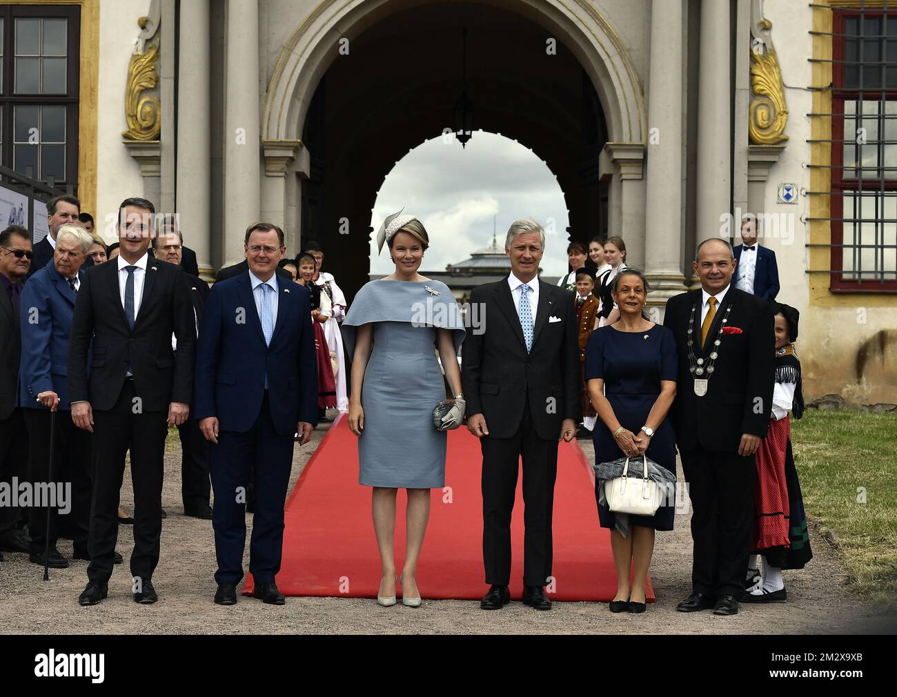 Hereditary Prince Hubertus von Sachsen-Coburg und Gotha, an unidentified man, Queen Mathilde of Belgium, King Philippe - Filip of Belgium and Gotha mayor Knut Kreuch and his wife pose for a group picture during a visit to the Schloss Friedenstein in Gotha, Tuesday 09 July 2019. The king and queen are on a two-day visit to Germany and the states Thuringia (Thuringen - Thuringe) and Saxony-Anhalt (Sachsen-Anhalt - Saksen-Anhalt - Saxe-Anhalt). BELGA PHOTO ERIC LALMAND  Stock Photo
