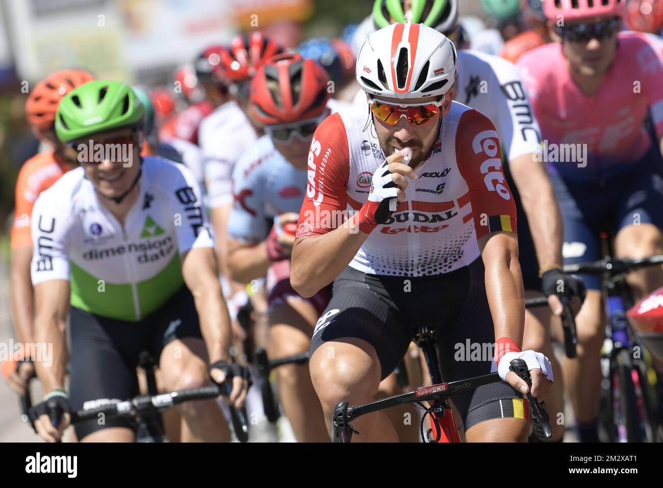 Belgian Thomas De Gendt of Lotto Soudal eats something during the fifth stage of the 106th edition of the Tour de France cycling race, 175,5 km from Saint-Die-des-Vosges to Colmar, Wednesday 10 July 2019. This year's Tour de France starts in Brussels and takes place from July 6th to July 28th. BELGA PHOTO YORICK JANSENS  Stock Photo