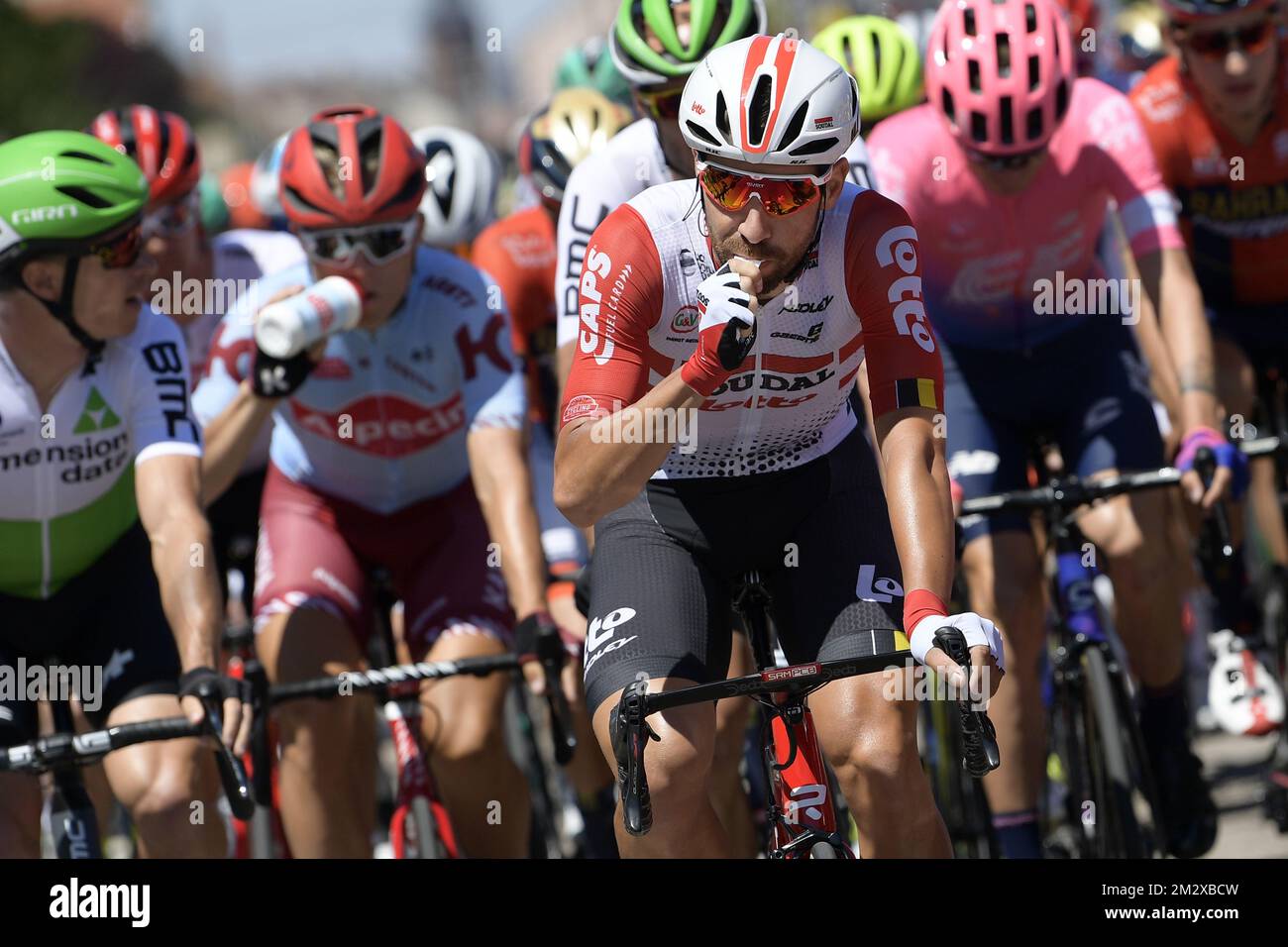 Belgian Thomas De Gendt of Lotto Soudal pictured at the start of the fifth stage of the 106th edition of the Tour de France cycling race, 175,5 km from Saint-Die-des-Vosges to Colmar, Wednesday 10 July 2019. This year's Tour de France starts in Brussels and takes place from July 6th to July 28th. BELGA PHOTO YORICK JANSENS Stock Photo