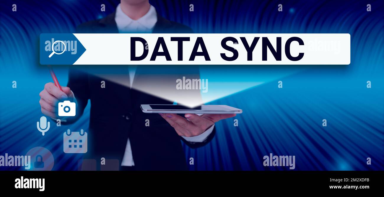Sign displaying Data Sync. Word Written on data that is continuously generated by different sources Stock Photo