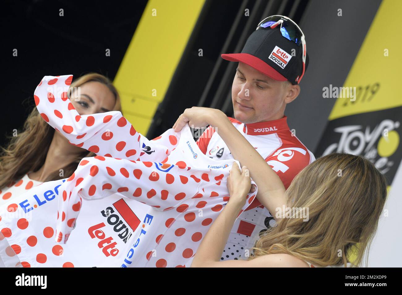 Belgian Tim Wellens Of Lotto Soudal Celebrates On The Podium In The Red Polka Dot Jersey For