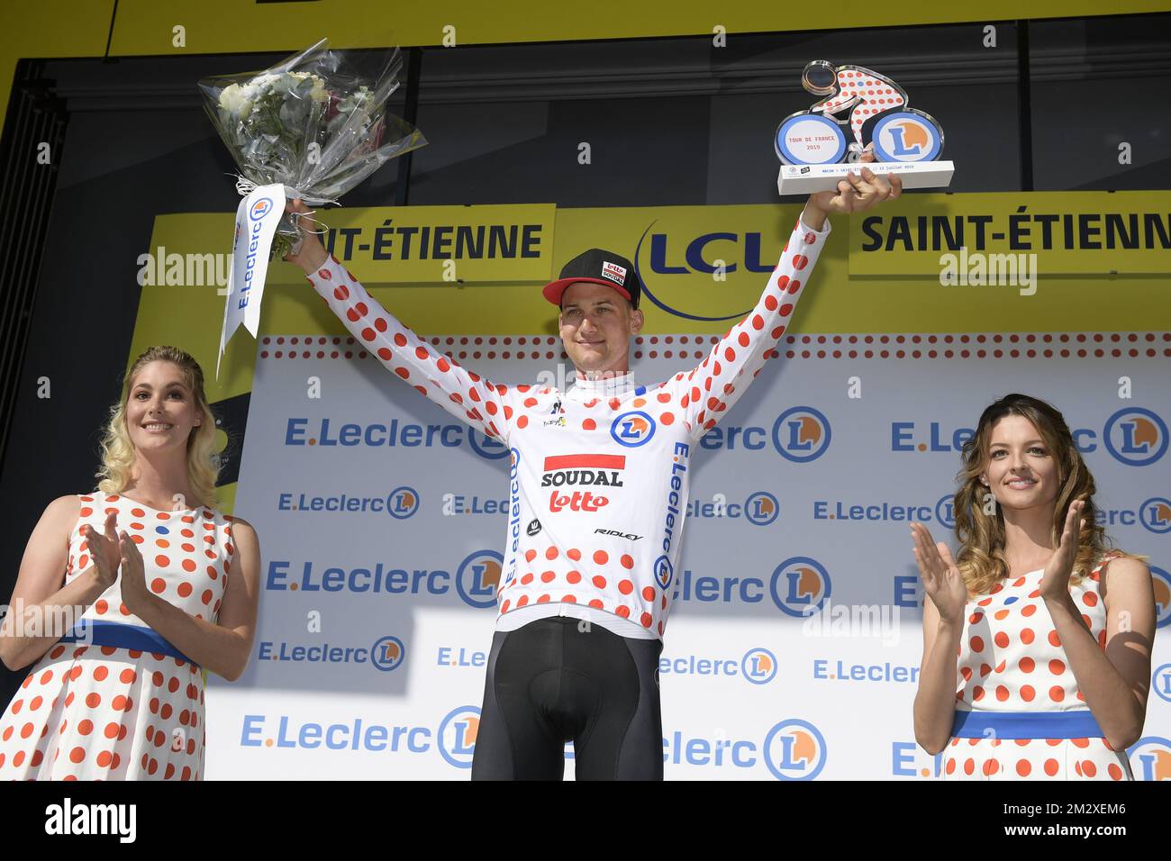 Belgian Tim Wellens of Lotto Soudal wearing the polka dot jersey (maillot a pois rouges - bolletjestrui) of leader in the climbers ranking after the eighth stage of the 106th edition of the Tour de France cycling race, from Macon to Saint-Etienne (200 km), Saturday 13 July 2019 in France. This year's Tour de France starts in Brussels and takes place from July 6th to July 28th. BELGA PHOTO YORICK JANSENS Stock Photo
