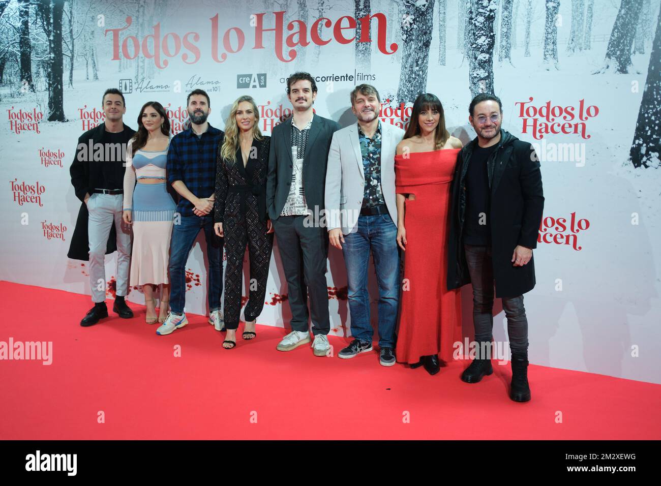 Madrid, Spain. 14th Dec, 2022. L-R) Victor Palmero, Andra Duro, Julian Lopez, Kira Miro, Martin Cuervo, Salva Reina, Mariam Hernandez and Carlos Santos attend the 'Todos Lo Hacen' photocall at Cines Callao in Madrid. Credit: SOPA Images Limited/Alamy Live News Stock Photo