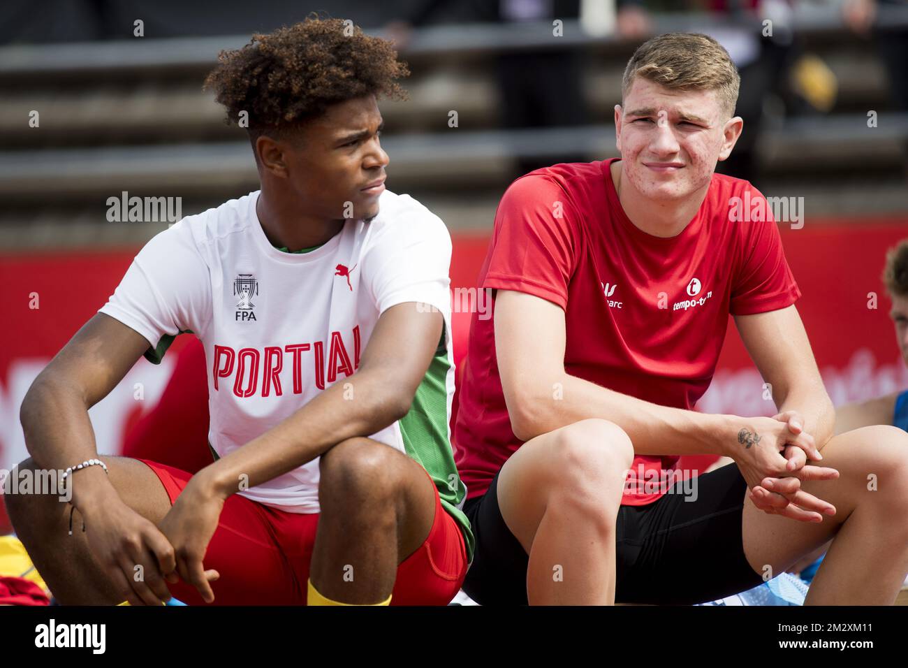 Belgian Thomas Carmoy (R) pictured during the men's high jump competition on day two of the European Athletics U20 Championships, Friday 19 July 2019 in Boras, Sweden. BELGA PHOTO JASPER JACOBS Stock Photo