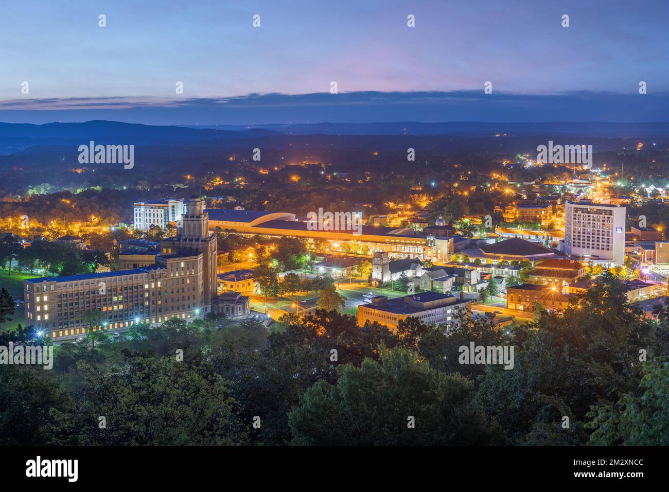 Hot Springs, Arkansas, USA town skyline from above at dawn. Stock Photo