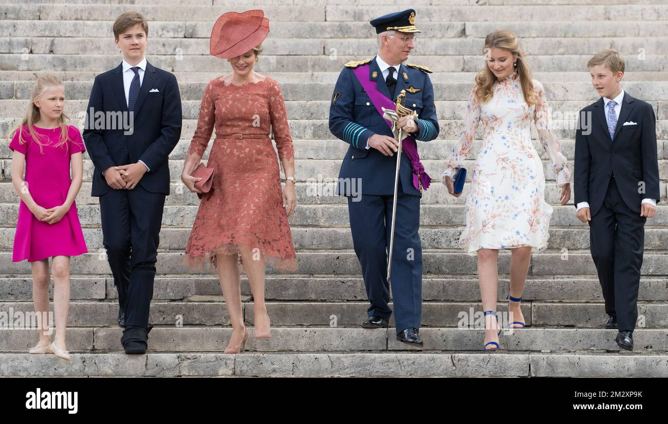 Princess Eleonore, Prince Gabriel, Queen Mathilde, King Philippe - Filip, Crown Princess Elisabeth and Prince Emmanuel of Belgium pictured after the Te Deum mass, on the occasion of today's Belgian National Day, at the Saint Michael and Saint Gudula Cathedral (Cathedrale des Saints Michel et Gudule / Sint-Michiels- en Sint-Goedele kathedraal) in Brussels, Sunday 21 July 2019. BELGA PHOTO BENOIT DOPPAGNE Stock Photo
