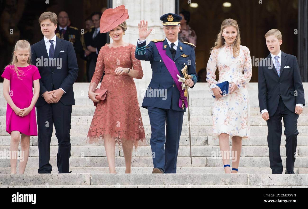 Princess Eleonore, Prince Gabriel, Queen Mathilde, King Philippe - Filip, Crown Princess Elisabeth and Prince Emmanuel of Belgium pictured after the Te Deum mass, on the occasion of today's Belgian National Day, at the Saint Michael and Saint Gudula Cathedral (Cathedrale des Saints Michel et Gudule / Sint-Michiels- en Sint-Goedele kathedraal) in Brussels, Sunday 21 July 2019. BELGA PHOTO BENOIT DOPPAGNE Stock Photo