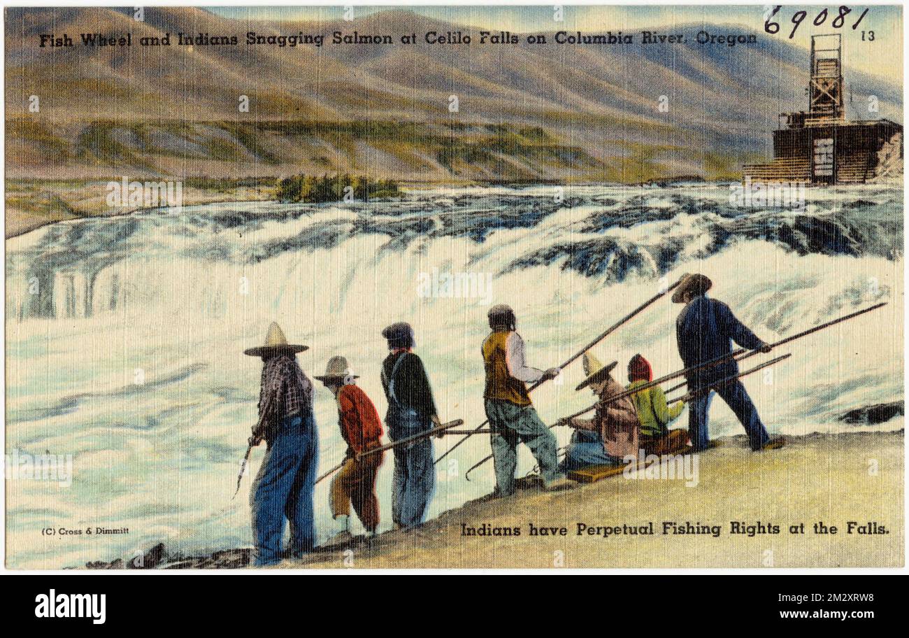 Fish Wheel and Indian Snagging Salmon at Celilo Falls on Columbia River