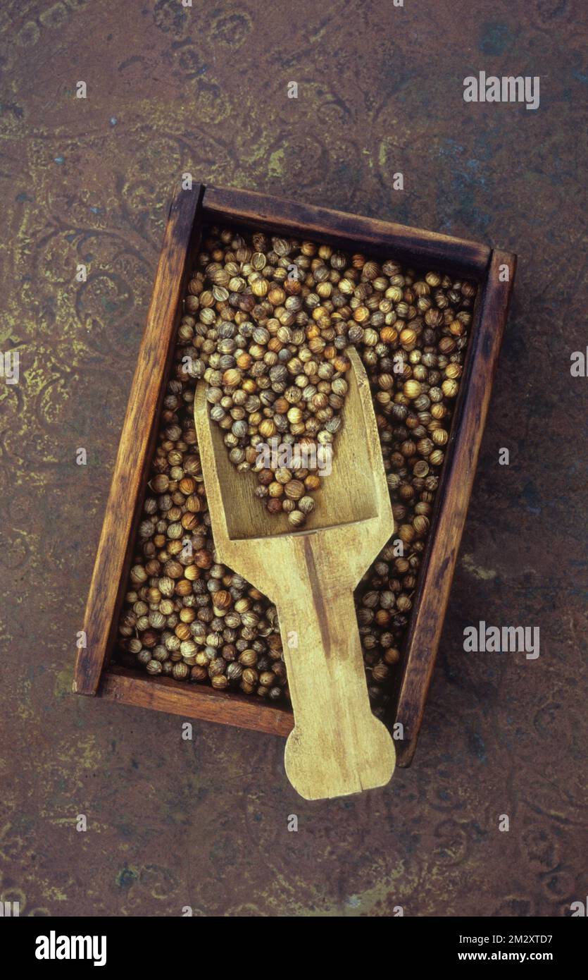 Small old wooden box containing Coriander seed and wooden scoop lying on tarnished brass Stock Photo
