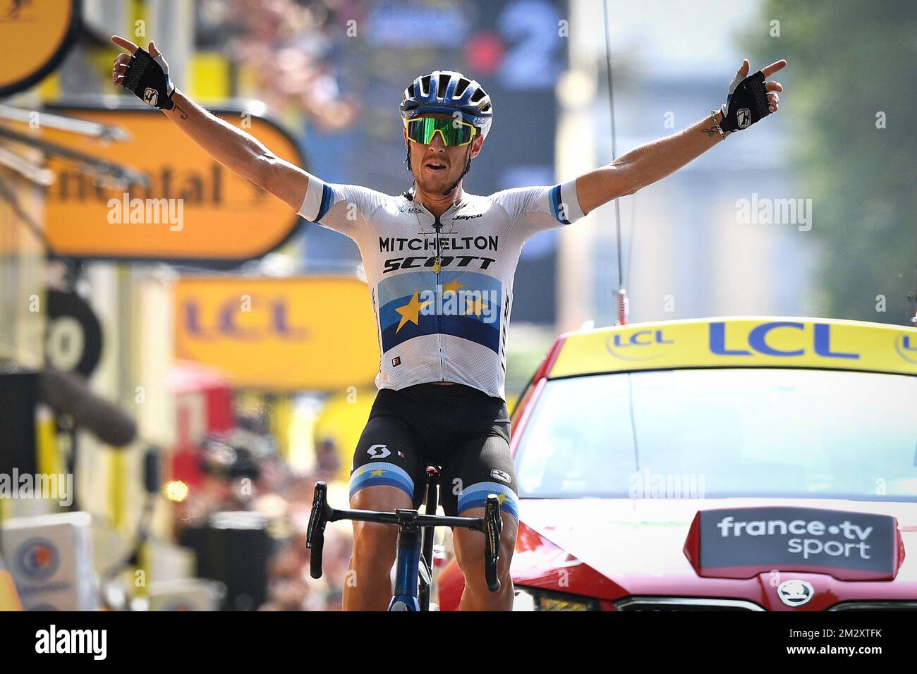 Italian Matteo Trentin of Mitchelton - Scott celebrates as he crosses the  finish line to win stage 17 of the 106th edition of the Tour de France  cycling race, from Pont du