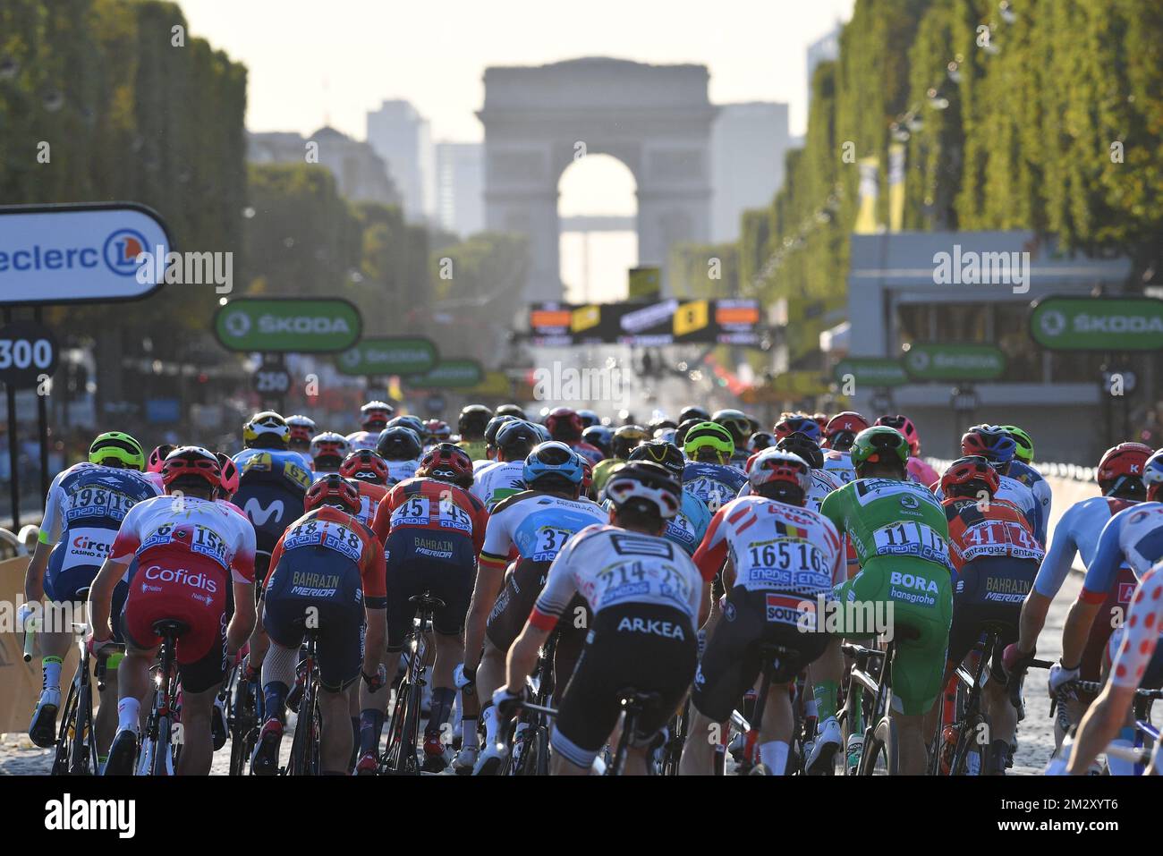 Illustration shows the pack of cyclists at the final stage of the 106th edition of the Tour de France cycling race, from Rambouillet to Paris Champs-Elysees (128km), France, Sunday 28 July 2019. This year's Tour de France starts in Brussels and takes place from July 6th to July 28th. BELGA PHOTO DAVID STOCKMAN  Stock Photo