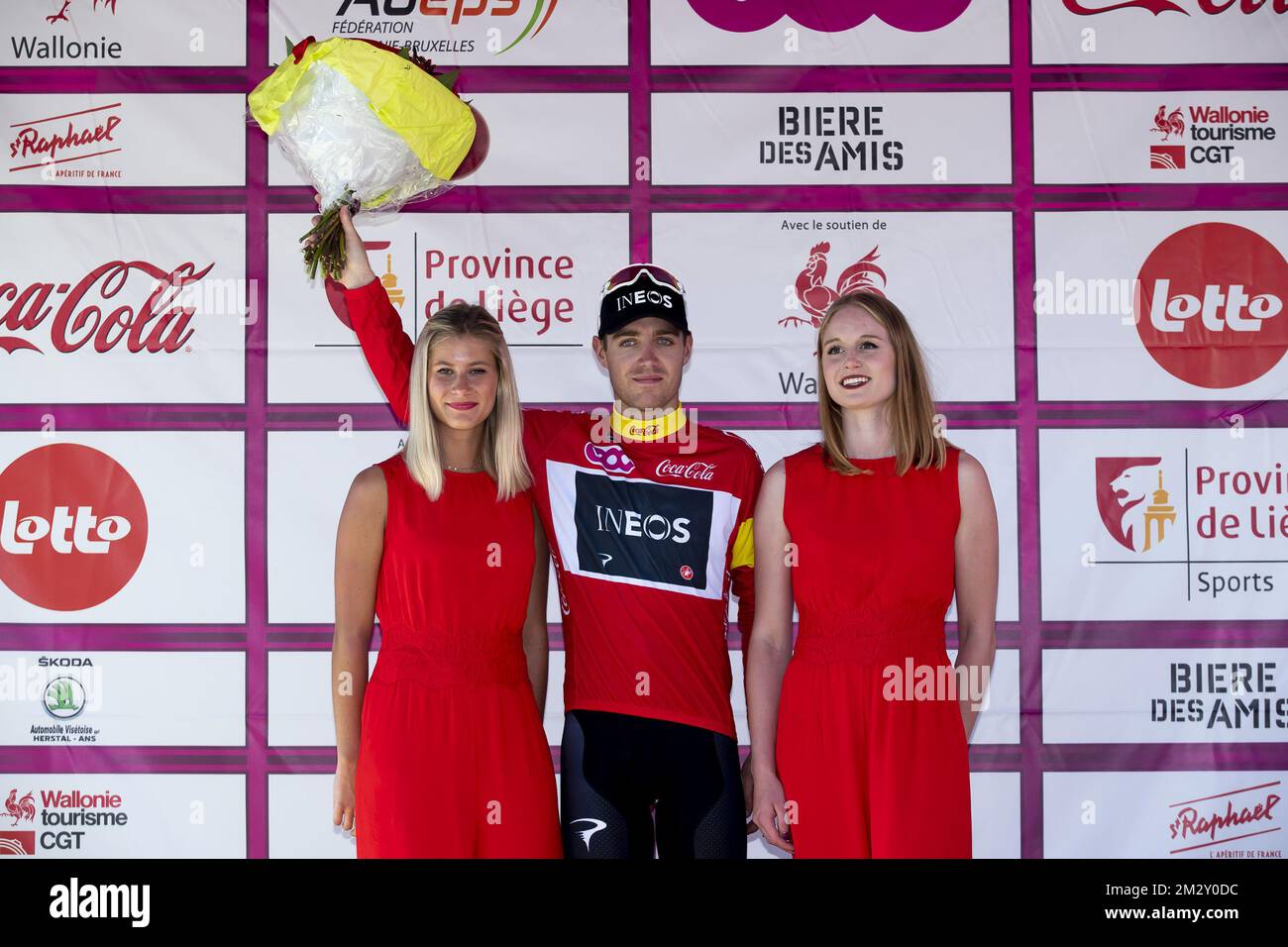 British Chris Lawless of Team Ineos, wearing the red jersey, pictured on the podium after the third stage of the Tour De Wallonie cycling race, 194,2 km from La Roche-en-Ardenne to Verviers, on Monday 29 July 2019. BELGA PHOTO KRISTOF VAN ACCOM Stock Photo