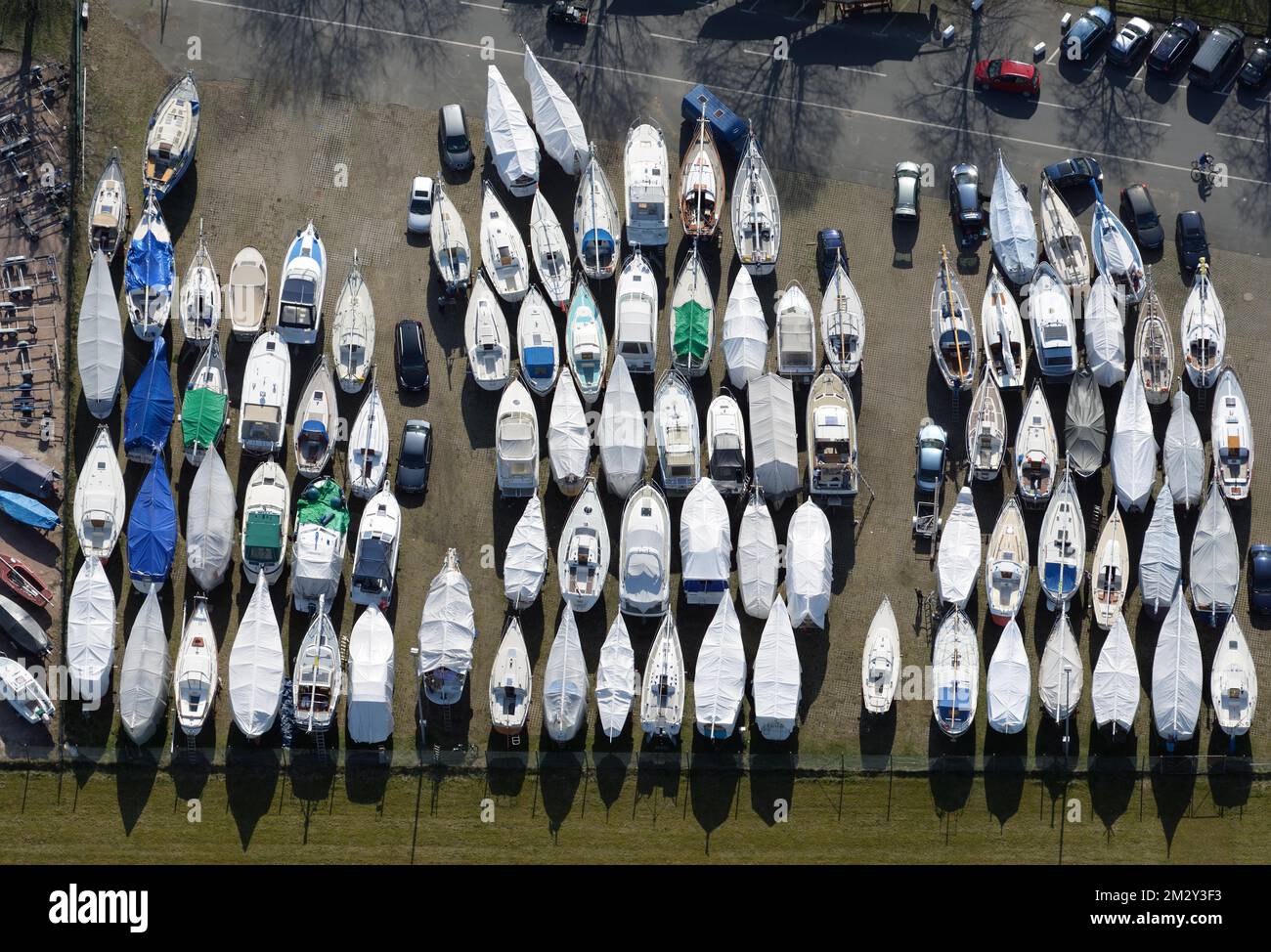 Aerial view of sailboats in winter storage, season, sailboat, boat