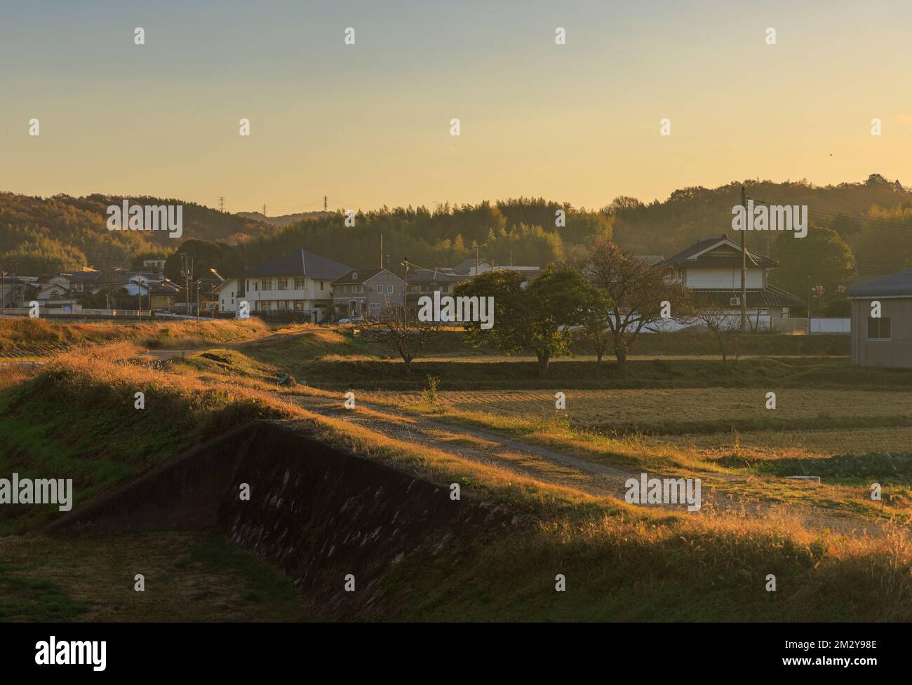Early morning light hits dirt road through small Japanese town Stock Photo
