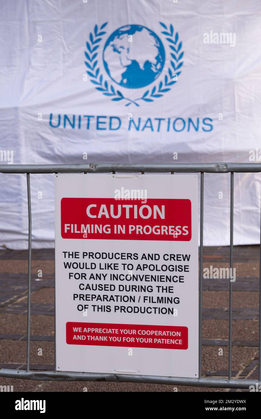 Southend on Sea, Essex, UK. 14th Dec, 2022. Filming for the new series of The Crown is taking place in Southend on Sea, with the City’s Council offices being transformed into a Kosovo war zone with United Nations tents outside. Due for release in 2023, this is season 6 of the Netflix series Stock Photo