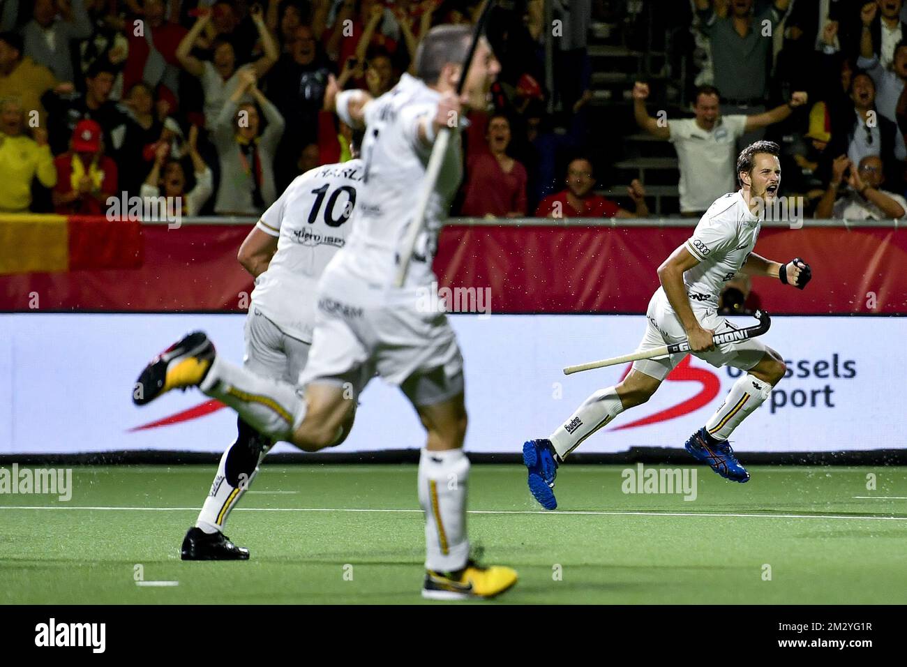 Belgium's Nicolas De Kerpel celebrates after scoring during a hockey